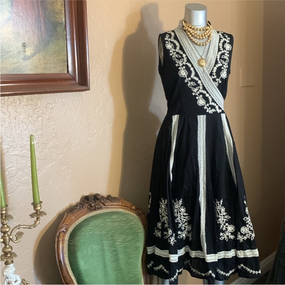 Anthropologie Black Embroidered V-Neck Midi Dress